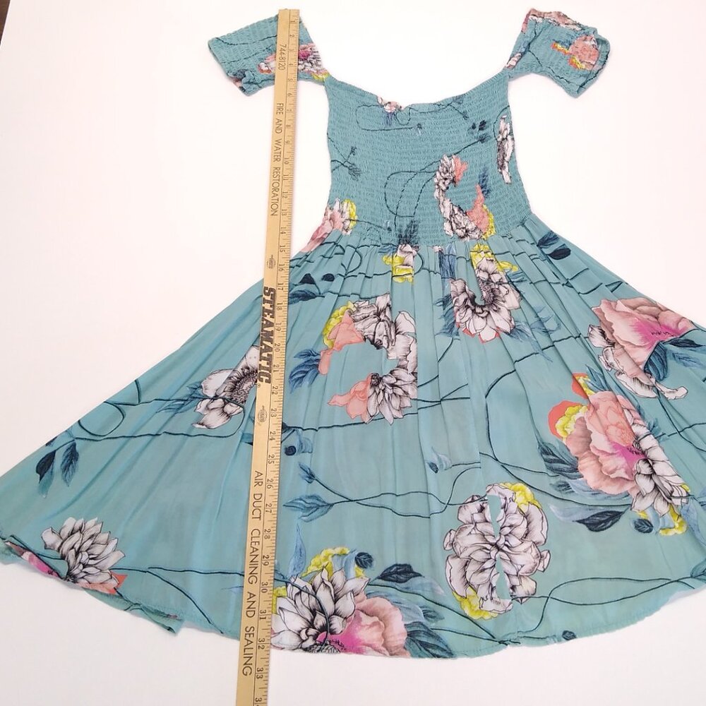 Jaase Floral Off Shoulder Flowing Dress Shirred Boho Teal Medium VGC - Picture 8 of 8
